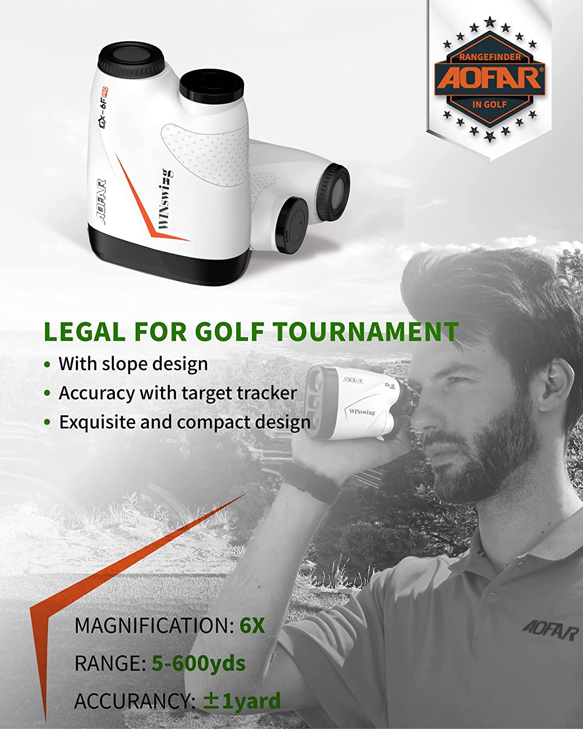 AOFAR GX-6F PRO Golf Rangefinder | Slope Mode with Flag-Lock and